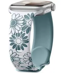 Produktbild: Maledan Floral Gravierte Armband Kompatibel mit Apple Watch Armband 41mm 40mm 38mm 42mm Damen, Zweifarbige Blume Weiches Silikon Sport Band für iWatch SE Series 10 9 8 7 6 5 4 3 2 1, Weiß/Tannengrün