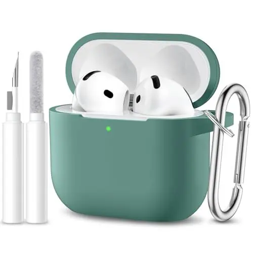 Produktbild: Maledan Kompatibel mit AirPods 4 Hülle Case 2024, Weich Silikon Ganzkörper-Schutzhülle für Apple AirPods 4 Generation Hülle mit Reinigungskit & Schlüsselanhänger (LED Sichtbar), Kieferngrün