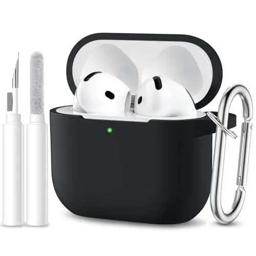 Produktbild: Maledan Kompatibel mit AirPods 4 Hülle Case 2024, Weich Silikon Ganzkörper-Schutzhülle für Apple AirPods 4 Generation Hülle mit Reinigungskit & Schlüsselanhänger (LED Sichtbar), Schwarz