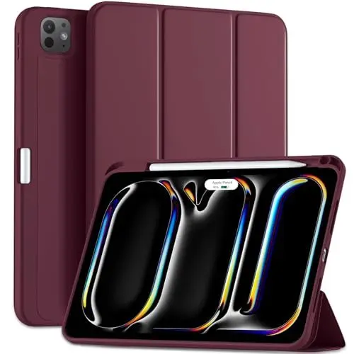 Produktbild: Maledan Hülle für iPad Pro 11 2024 (M4 5. Generation) mit Stifthalter, Flexible TPU Rückseite Schutzhülle Case Unterstützt Apple Pencil Pro/USB-C, Auto Schlafen/Wachen, Wein Rot