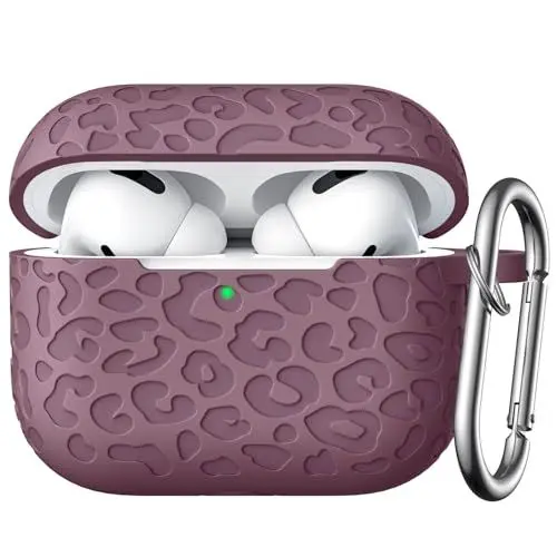 Produktbild: Maledan Leopard Gravierte Hülle Kompatibel Mit AirPods Pro 2, Weich Silikon Stoßfest Schutzhülle für AirPods Pro 2nd/AirPod Pro Case Mit Karabiner (Front-LED Sichtbar), Rauchig Violett