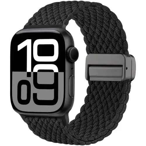 Produktbild: Maledan Neuestes Geflochten Armband Kompatibel mit Apple Watch Armband 45mm 46mm 44mm 42mm(Series 3/2/1) 49mm, Solo Loop Magnetisch Band für iWatch Series 10 9 8 7 6 5 4 3 2 1 SE Ultra, Schwarz
