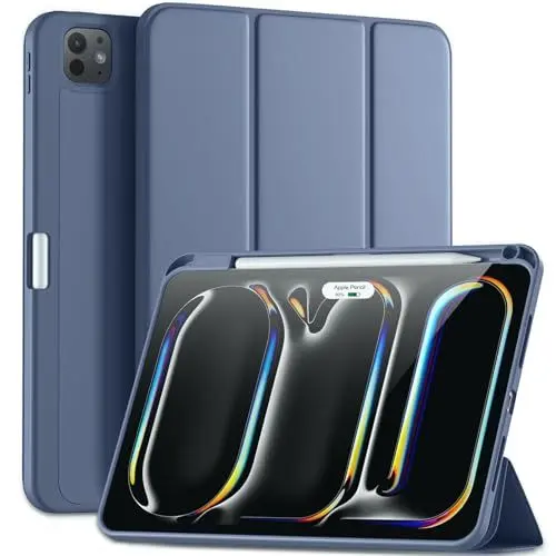 Produktbild: Maledan Hülle für iPad Pro 11 2024 (M4 5. Generation) mit Stifthalter, Flexible TPU Rückseite Schutzhülle Case Unterstützt Apple Pencil Pro/USB-C, Auto Schlafen/Wachen, Blau Grau