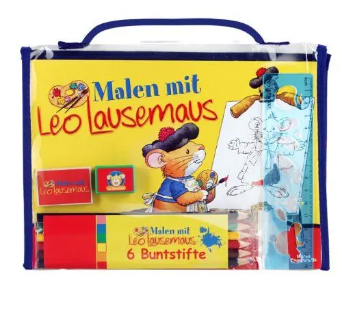 Produktbild: Malen mit Leo Lausemaus: Malblock mit 56 Blättern mit Outlines zum Ausmalen, 6 Buntstifte, Radiergummi, Anspitzer und Malschablone in geprüfter Qualität (Lingoli)