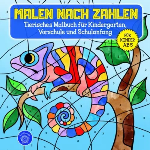 Produktbild: Malen nach Zahlen ab 5: Tierisches Malbuch für Kindergarten, Vorschule und Schulanfang & Bonusmotive: Mandalas für Mädchen und Jungs (Malen nach Zahlen - Wunderschöne Malbücher für Kinder, Band 1)