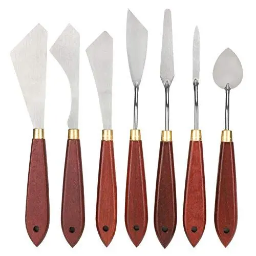 Produktbild: Malerei Mischschaber, Palettenmesser, 7 Stücke Ölgemälde Mischschaber, Spachtel acrylmalerei mit Rotbrauner Griff, Edelstahl Künstler-Palettenmesser-Set, Künstlerbedarf
