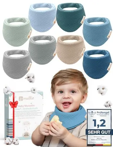 Produktbild: Mallie® Musselin Lätzchen Baby im 8er Set | Als Bibs, Dreieckstuch Baby oder Baby Lätzchen | Als Musselin Halstuch Baby, Musselintücher Baby und Babylätzchen | Sabberlätzchen Baby und Halstücher Baby