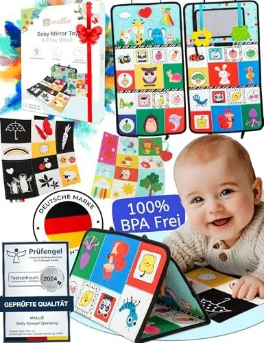 Produktbild: Mallie® Sensorik Baby Spiegel Spielzeug mit Bauchlage Knisterbuch I Babyspielzeuge ab 0, 3, 6 Monate I Baby Mirror Toy mit Schwarz Weiß Kontrast Muster I Tummy Time Toys, Knisterspielzeug