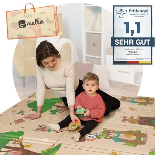 Produktbild: Mallie® Spielmatte Baby Faltbar inkl. Gratis Tragetasche 180x150x1cm (100% BPA- und Schadstoff-Frei) Doppelseitige Krabbelmatte Baby, Krabbeldecke Baby I Baby Play Mat, Spielmatte Baby Faltbar