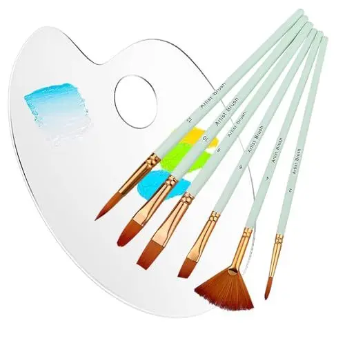 Produktbild: Malpalette, Klare Mischpalette Acryl mit 5 Stück Pinselset Ovale Farbmischpalette Acrylfarben Antihaft Öl Palette Malen für DIY Kunsthandwerk Malerei (20 * 30CM)