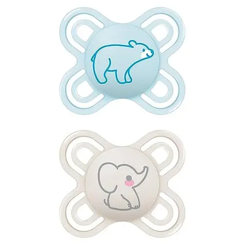 Produktbild: MAM Perfect Start Schnuller im 2er-Set, speziell für Neugeborene, zahnfreundlicher Baby Schnuller aus nachhaltigen & bio-erneuerbaren Materialien, mit Schnullerbox, 0-2 Monate, Bär/Elefant