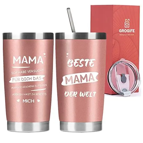 Produktbild: Grogife Geschenke für Mama, Muttertagsgeschenk von Tochter Sohn, Muttertag Thermobecher Edelstahl mit Spruch, Geburtstagsgeschenk für Beste Mutter Schwiegermutter, Kaffeebecher to go mit Deckel 600ml