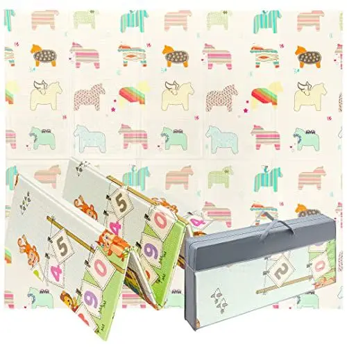 Produktbild: Mamabrum Baby Krabbel Matte Baby Teppich Spielmatte, 200 x 180 x 1.0 cm, ungiftig Bodenmatte Verdickte vergrößerte Schaumstoffmatte Faltbare Wasserdicht rutschfest Tragbar, Pferde und Alphabet