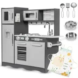 Produktbild: Mamabrum, Babyspielzeug Spielküche mit LED-Blitzsystem, Kinderspielzeug aus Holz, Rollenspielküchenzubehör inklusive Rollenspielküche für Kinder, Kleines Küchenchef-Spielset, Naturholz/Grau