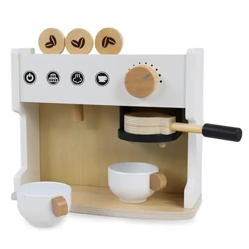 Produktbild: Mamabrum Holz-Kaffeemaschine für Kinder – Pädagogisches Rollenspiel-Set mit Tassen und Kaffeebohnen, für Kinder ab 3 Jahren, Fördert Kreativität und motorische Fähigkeiten