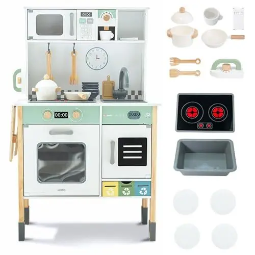 Produktbild: Mamabrum Holz-Kinderküche mit Mikrowelle für Kinder 3+, Herd, Backofen und Waschmaschine – Interaktive Spielküche mit Zubehör, Licht und Ton – Perfekt für kreatives Rollenspiel