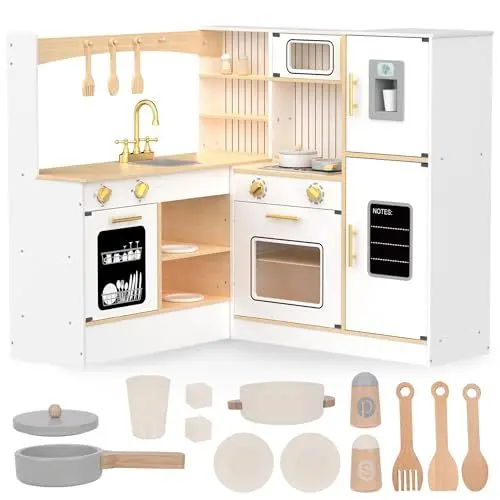Produktbild: Mamabrum Holz Kinderküche 3+, Große, Interaktive Spielküche XXXL, Küchenset mit Kühlschrank, Mikrowelle, Spülbecken, Backofen, Geschirrspüler und Zubehör