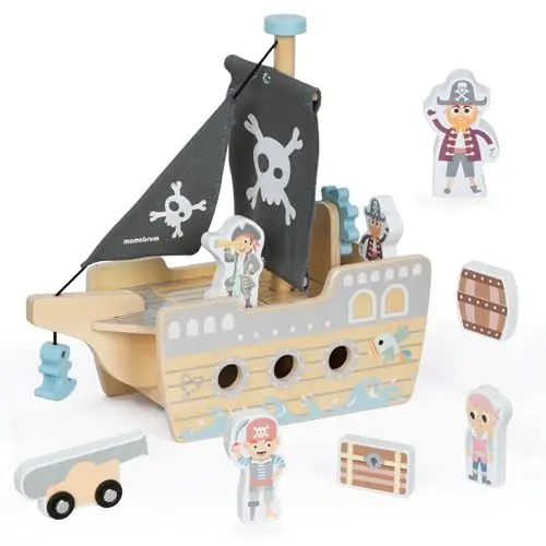 Produktbild: Mamabrum Holzpiratenschiff für Kinder ab 3 Jahre, Boot Spielzeug mit Öffnungsdeck und Zubehör im Set, Spielzeug Piratenschiff mit Piraten Figuren Piratenschiff spielset