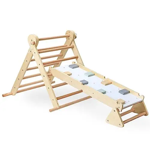 Produktbild: Mamabrum Klettergerüst Indoor ab 3 Jahren für Kinder – Pikler Dreieck, Leiter & Balancierpfad – 3-in-1 Multifunktionales Spielzeug, Indoor Spielplatz, Montessori Ergänzung