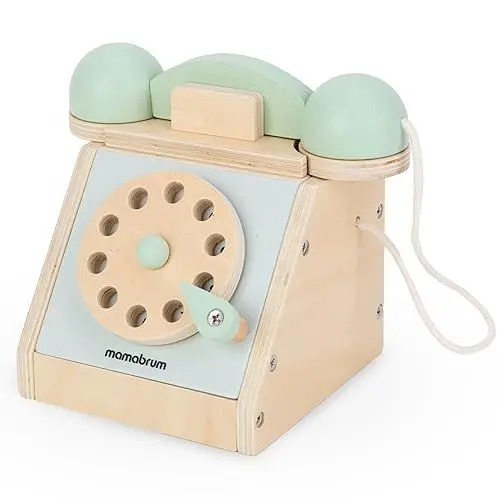 Produktbild: Mamabrum, Retro Holztelefon - Neu, bewegliches Zifferblatt, Pastellfarben, Kopfhörer an das Telefon angeschlossen, für Kinder ab 3 Jahren