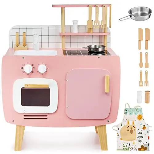 Produktbild: Mamabrum Retro Kinder SpielküChe aus Holz, 73cm KinderküChe mit Schürze, Backofen, Spüle & 9 Zubehörteile - Rosa Rollenspiel Set für Mädchen & Jungen