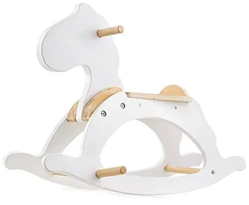 Produktbild: Mamabrum Schaukelpferd Holz Klassisch - Kinder Schaukeltier ab 1 Jahr - Weiß mit Holzgriffen & Fußstützen - 70x47cm Schaukelspielzeug - bis 50kg belastbar