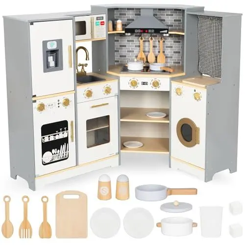 Produktbild: Mamabrum XXXL Holzküche mit LED-Beleuchtung, Spielküche & Eiswürfelspender - Kinderküche Zubehör Set mit Mikrowelle, Töpfen & Besteck - Küchen Spielzeug für Kinder 3+