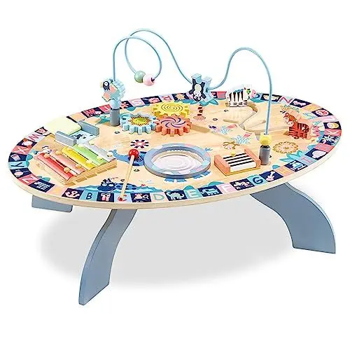 Produktbild: mamabrum Lerntisch aus Holz, Interaktiver Spieltisch mit Trommel, Labyrinth, Zahnrädern - Lernspielzeug für Kinder ab 6 Monaten - 7-in-1 Set (67,5 x 47 x 42 cm)