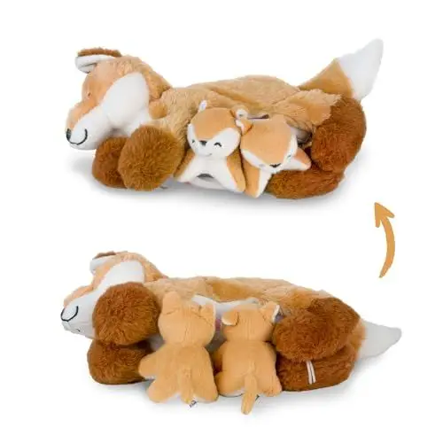 Produktbild: Mamanimals Fuchs Kuscheltier mit 2 Baby Füchsen, Babys im Bauch mit Reißverschluss verstaubar, magnetische Zitzen zum Säugen, hochwertiges Plüschtier Set für Kinder