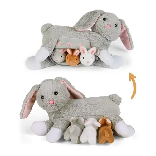 Produktbild: Mamanimals Hasen Kuscheltier mit 3 Baby Kaninchen, Babys im Bauch mit Reißverschluss verstaubar, magnetische Zitzen zum Säugen, hochwertiges Plüschtier Set für Kinder, Geschenk für Kinder