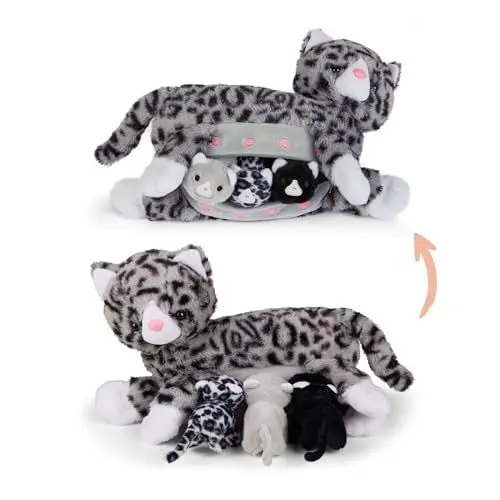 Produktbild: Mamanimals Katze Kuscheltier mit 3 Baby Katzen, Babys im Bauch mit Reißverschluss verstaubar, magnetische Zitzen zum Säugen, hochwertiges Plüschtier Set für Kinder, Geschenk für Kinder