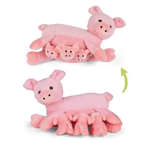Produktbild: Mamanimals Schwein Kuscheltier mit 3 Baby Schweinen, Babys im Bauch mit Reißverschluss verstaubar, magnetische Zitzen zum Säugen, hochwertiges Plüschtier Set für Kinder