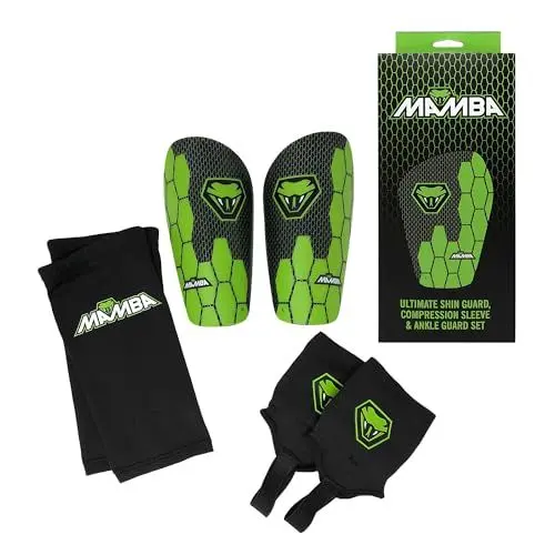 Produktbild: Mamba Ultimatives Schienbeinschoner-Set | Schienbeinschoner, Knöchelschoner & Kompressionshülsen, Flexibilität & Schutz | Kinder/Erwachsene | Tolles 3-Teiliges Design (M)