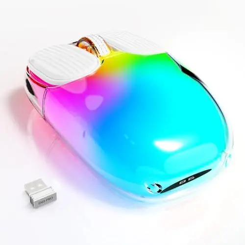 Produktbild: MAMBASNAKE Mini Wireless Bluetooth Gaming Maus, süße leise kabellose Maus mit Power Display, transparenter, 7 RGB Leuchten, 1600DPI optisches Tracking, tragbare wiederaufladbare 600mAh Mäuse (weiß)