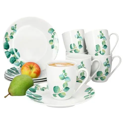 Produktbild: MamboCat Eukalyptus 12tlg Frühstücksset I Je 6X kleine Teller & Kaffeebecher 340ml für 6 Personen grünem Pflanzen-Dekor I Porzellan-Geschirr für Frühstücks- & Kaffeezeit