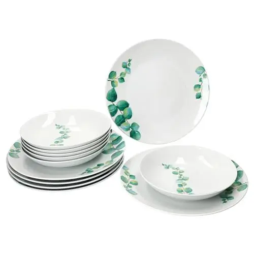 Produktbild: MamboCat Eukalyptus 12tlg Tafelservice I weiße Porzellan-Geschirr mit grünem Pflanzen-Dekor für 6 Personen I 6X Suppenteller & 6X Speiseteller I Essteller & Tiefe Teller für Suppe, Pasta & Co.
