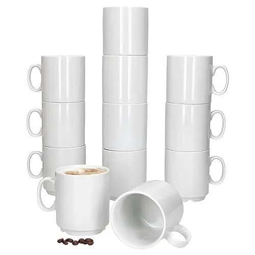 Produktbild: MamboCat Event 12er Set Kaffeebecher I 250 ml weiße Porzellan-Becher mit Henkel 12 Personen I stapelbare Tassen für Heißgetränke wie Tee, Kakao, Latte Macchiato & Co I schickes Kaffee-Geschirr