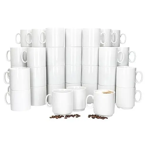 Produktbild: MamboCat Event 48er Set Kaffeebecher I 250 ml I weiße Porzellan-Becher mit Henkel 48 Personen I stapelbare Tassen für Heißgetränke wie Tee, Kakao, Latte Macchiato & Co I schickes Kaffee-Geschirr