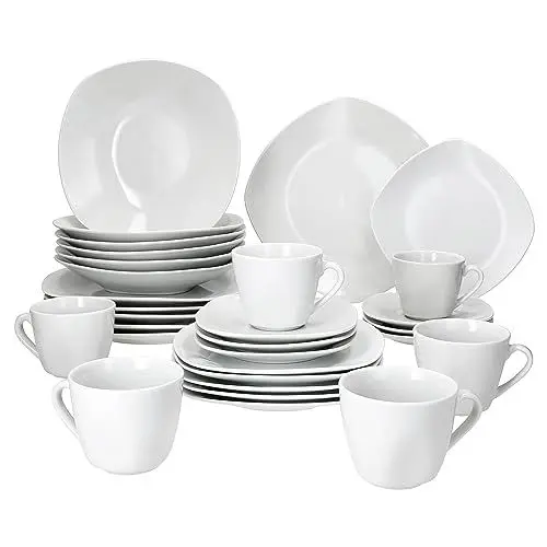 Produktbild: MamboCat Lotta 30tlg Kombiservice I weiße Porzellan-Geschirrset für 6 Personen I Je 6X Kaffeetassen, Untertassen, Kuchenteller, Suppenteller & Speiseteller I Tafel & Kaffee für Gastro, Hotel & Co