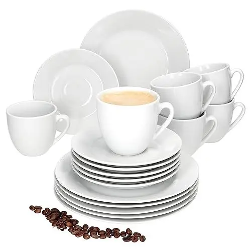 Produktbild: MamboCat Tommy 18tlg Kaffeeservice I weißes Porzellan-Kaffeeset für 6 Personen I Je 6X Kaffeetassen, Untertassen & Kuchenteller I schickes Geschirr für Frühstück & Kaffee, Gastro, Hotel & Co