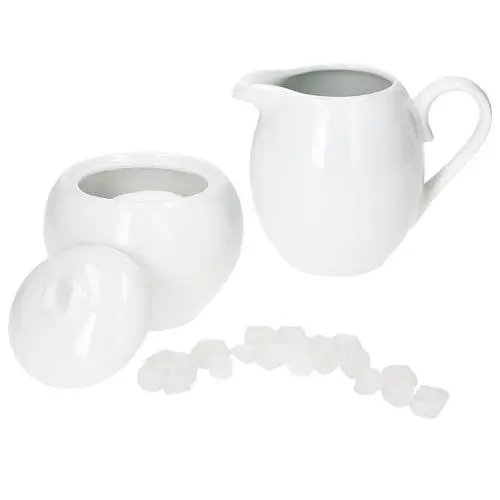 Produktbild: MamboCat Tommy 2tlg. Set Milchkännchen & Zuckerdose I aus weißem Porzellan I Sahne-Kanne, Gießer für Kondensmilch, Dose mit Deckel für Würfelzucker I Elegantes Kaffee-Zubehör