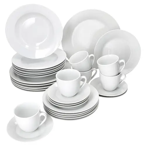 Produktbild: MamboCat Tommy 30tlg Kombiservice I weiße Porzellan-Geschirrset für 6 Personen I Je 6X Kaffeetassen 200ml, Untertassen, Kuchenteller, Suppenteller & Speiseteller I Tafel & Kaffee für Gastro, Hotel