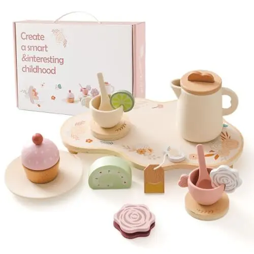 Produktbild: Mamimami Home Kinderküchen Teeset aus Holz Silikon 14 Stück, Tee Kinderspielzeug, Teeparty Rollenspielgeschirr, Spielküchen Teeset Spielzeug, Geschenk für Mädchen und Kleinkinder über 3 Jahre, Khaki
