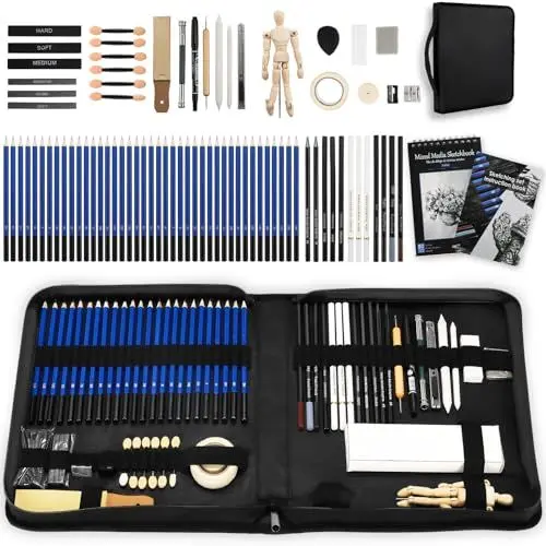 Produktbild: MAMIZO 80-teiliges Zeichenset,Zeichenzubehör für Anfänger, Profis und Kinder,Künstlerset mit 3-farbigem Skizzenbuch, Zeichenstifte,Buntstift und Graphitstifte,Kohlestift,Bleistift Set mit Kit Bag.