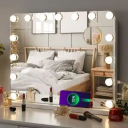 Produktbild: MAMIZO Hollywood Spiegel 58x46 cm, Schminkspiegel mit Beleuchtung, 15LED, 3 Lichtfarben, Enstellbare Helligkeit, mit USB und Abnehmbare Lupe Kosmetikspiegel mit Licht,Wandspiegel, Tischspiegel- Weiß