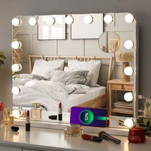 Produktbild: MAMIZO Hollywood Spiegel 58x46 cm, Schminkspiegel mit Beleuchtung, 15LED, 3 Lichtfarben, Enstellbare Helligkeit, mit USB und Abnehmbare Lupe Kosmetikspiegel mit Licht,Wandspiegel, Tischspiegel- Weiß