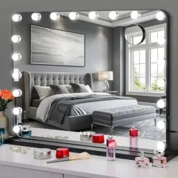 Produktbild: MAMIZO Hollywood Spiegel 80x60 cm, 20 LED Schminkspiegel mit Beleuchtung, 3 Lichtfarben, Dimmbar, USB, Kosmetikspiegel mit Licht, Schminktisch Spiegel, Wandspiegel, Tischspiegel, Schwarz
