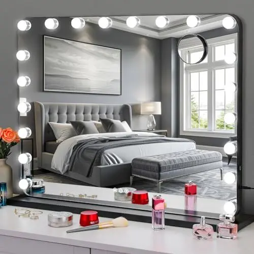 Produktbild: MAMIZO Hollywood Spiegel 80x60 cm, 20 LED Schminkspiegel mit Beleuchtung, 3 Lichtfarben, Dimmbar, USB, Kosmetikspiegel mit Licht, Schminktisch Spiegel, Wandspiegel, Tischspiegel, Schwarz