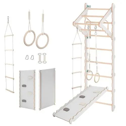 Produktbild: MAMOI® Klettergerüst Indoor, Sprossenwand für kinderzimmer, Turnringe Kinder für Klettern, Kletterwand und spielgeräte, Turngeräte mit Klimmzugstange für drinnen, Sportgeräte ab 3 Jahre