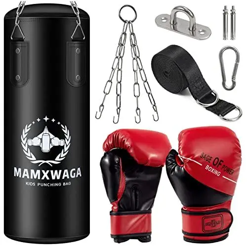 Produktbild: Mamxwaga Hängend Boxsack Set für Kinder und Jugendliche 2FT PU Boxsack Ungefüllt mit 6OZ Boxhandschuhen und Edelstahl Aufhänger Punchingsack für 3-12 Jahre
